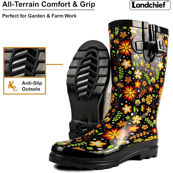 Womens Garden Blossom Black Waterproof Tall Knee High Rubber landchief Rain Boot - Picture 3 of 6